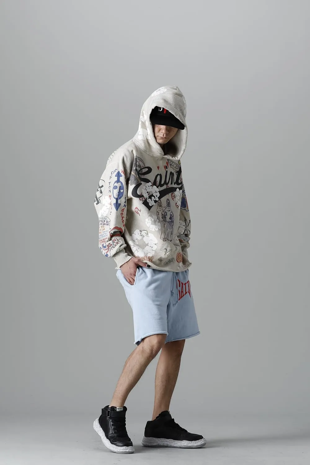 DENIM TEARS × ©SAINT M×××××× "SAINT TEARS" Graffiti Hoodie Joint Model Cotton Graffiti Hoodie Fully Printed Washed Distressed Holes Vintage Sweatshirt Gray S-XL Super Heavy Duty! The whole piece is printed with 35 screens and counterpoint printing!